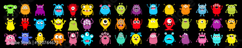 Monster super big icon set. Happy Halloween. Cute cartoon kawaii baby character. Funny head face colorful silhouette. Eyes teeth horn fang tongue. Hands up, down. Flat design. Black background.