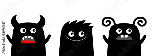 Monster icon set line. Happy Halloween. Cute cartoon kawaii baby character. Funny face head black silhouette. Eyes teeth fang tongue fur. Hands up. Flat design. White background.