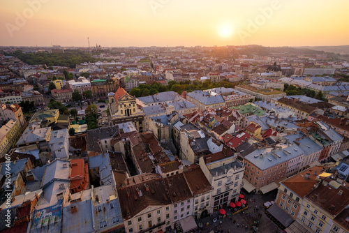 Fototapeta Naklejka Na Ścianę i Meble -  Beautiful top view with roofs of old European town. Lviv Ukraine.