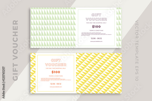 Trendy discount coupon or certificate template with artistic geometric pattern. Modern creative gift card mockup. Clean and simple vector editable background with sample text. EPS10