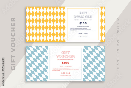 Trendy discount coupon or certificate template with artistic geometric pattern. Modern creative gift card mockup. Clean and simple vector editable background with sample text. EPS10