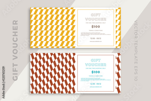 Trendy discount coupon or certificate template with artistic geometric pattern. Modern creative gift card mockup. Clean and simple vector editable background with sample text. EPS10