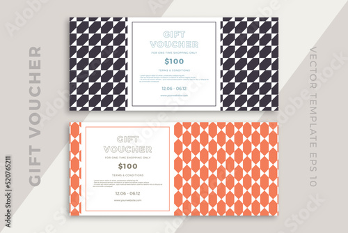Trendy discount coupon or certificate template with artistic geometric pattern. Modern creative gift card mockup. Clean and simple vector editable background with sample text. EPS10