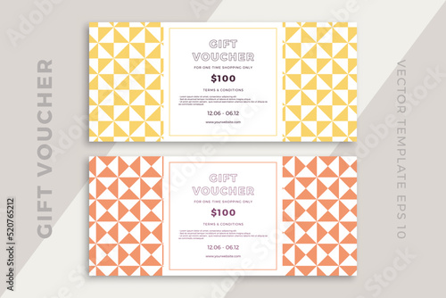 Trendy discount coupon or certificate template with artistic geometric pattern. Modern creative gift card mockup. Clean and simple vector editable background with sample text. EPS10