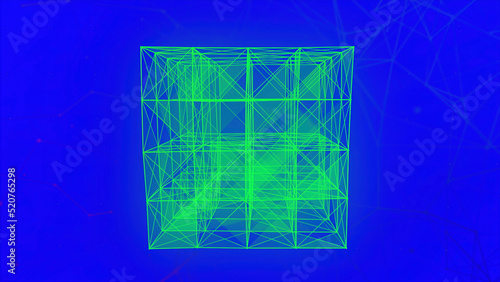 Many translucent connected. edges creating cubic shape in digital space. Motion. Colorful glowing 3D figure photo