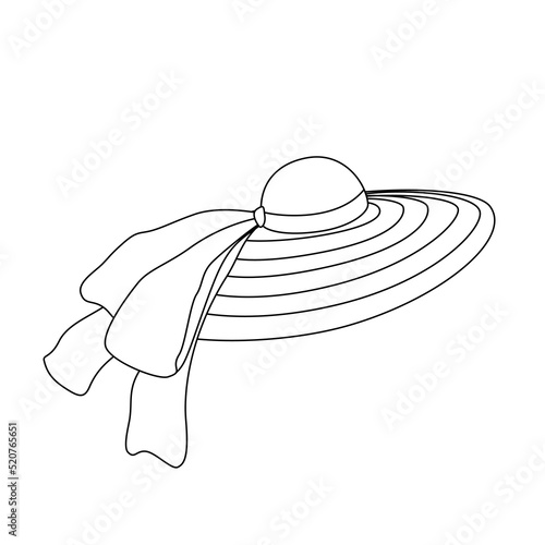 Women's Summer Straw Wicker Wide-Brim Hat With Ribbon And Bow, Beach Attribute, Isolated On White Background. Doodle Vector Cartoon Illustration, Clipart.