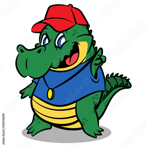 Hand drawn of Funny Alligator cartoon characters wearing t-shirt, gold necklace, and baseball cap. Best for sticker, logo, and mascot for streetwear store