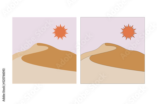 Desert landscape in flat design and line colored design. Desert dunes, Sahara. Hand-drawn dunes with geometric sun and  sand.