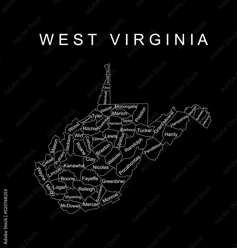 West Virginia vector map silhouette illustration isolated on black