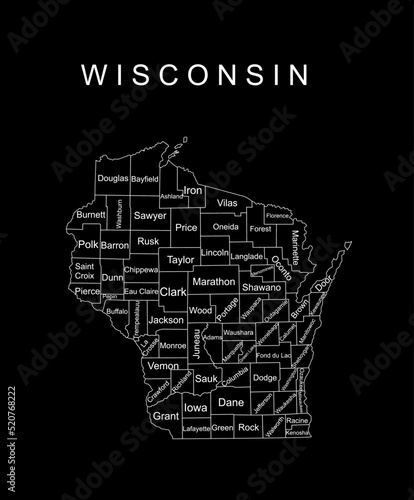 Wisconsin State vector map silhouette illustration isolated on black background. High detailed  illustration. United state of America country. Wisconsin line contour travel map with separated counties photo