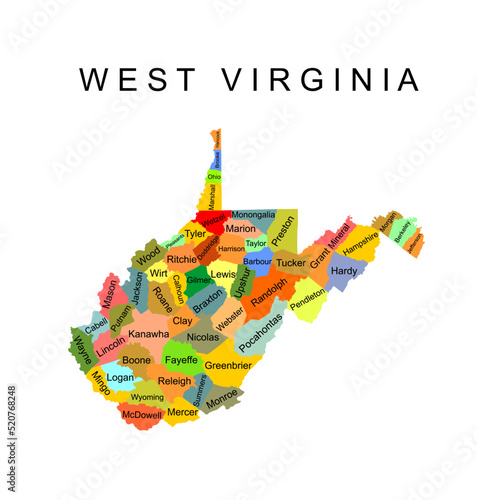 West Virginia vector map silhouette illustration isolated on white background. High detailed illustration. United state of America country. Colorful West Virgina map with separated counties and border