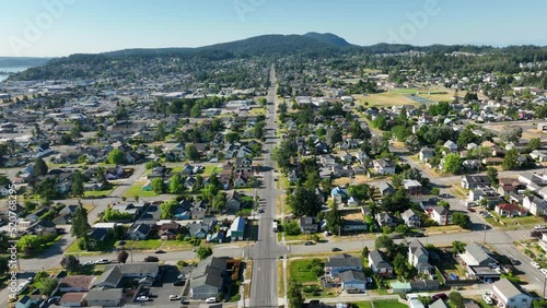 Aerial view of the Anacortes grid of houses filled with trees. photo