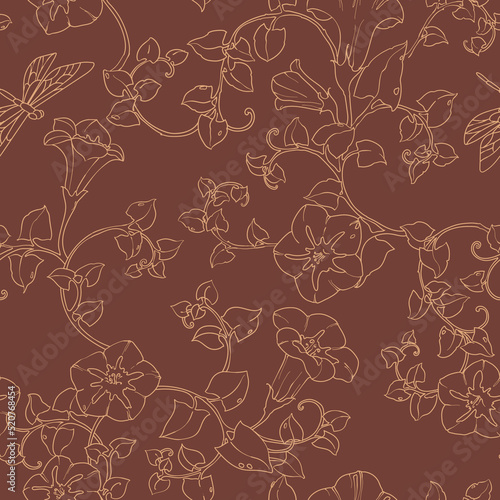 Seamless pattern curly bindweed flowers. Floral color illustration.