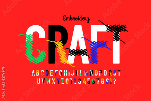 Embroidery craft font design, alphabet letters and numbers vector illustration