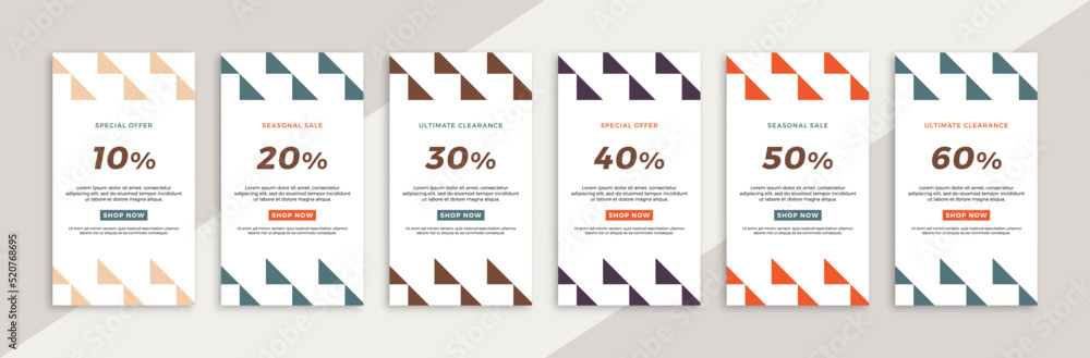 Set of vertical promotional web banners with trendy geometric pattern. Modern sale and discount promo creative backgrounds for social media mobile app stories. Vector editable background EPS 10 Set of vertical promotional web banners with trendy geometric pattern. Modern sale and discount promo creative backgrounds for social media mobile app stories. Vector editable background EPS 10