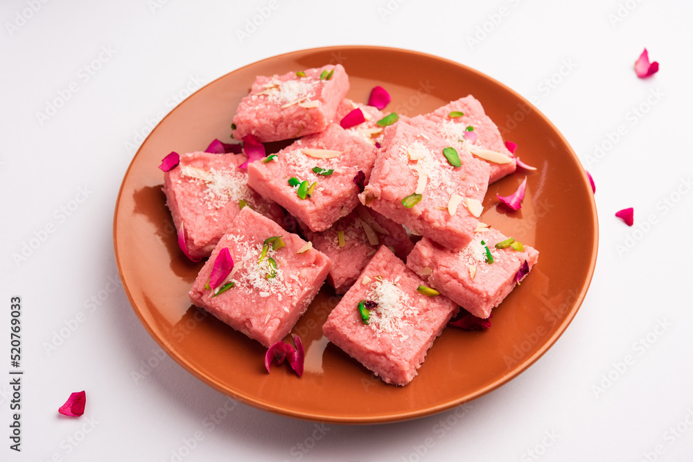 Rose Kalakand pink barfi or burfi also known as flavoured Mishri Mava Or Khoa Milkcake mithai Rose Kalakand pink barfi or burfi also known as flavoured Mishri Mava Or Khoa Milkcake mithai