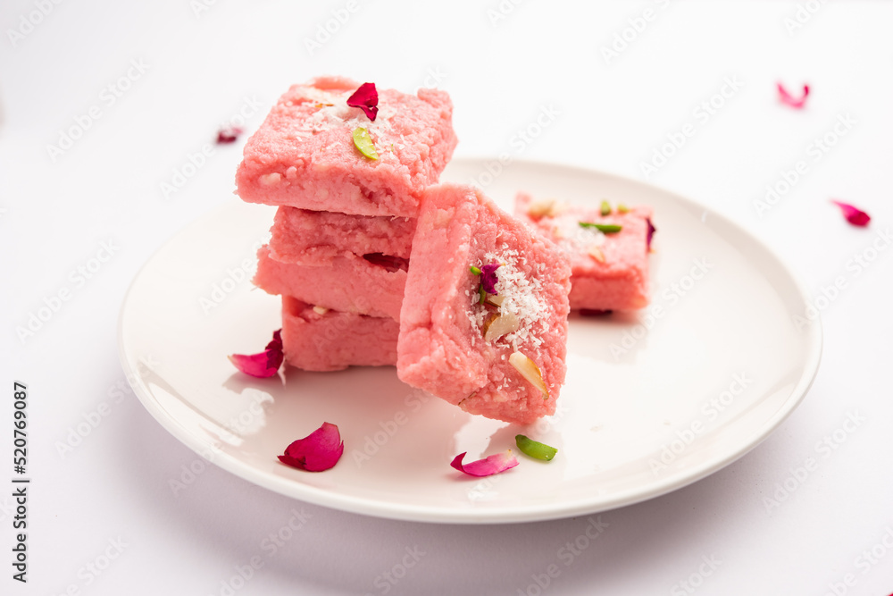 Rose Kalakand pink barfi or burfi also known as flavoured Mishri Mava Or Khoa Milkcake mithai Rose Kalakand pink barfi or burfi also known as flavoured Mishri Mava Or Khoa Milkcake mithai