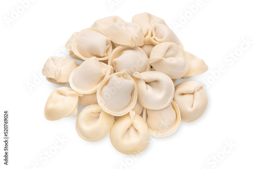 bunch of fresh frozen dumplings ready for cooking, isolated on white background. Full depth of field.