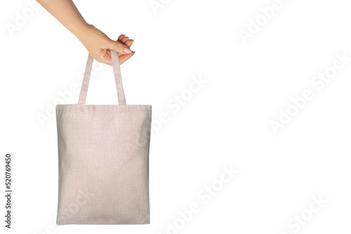 Classic tote bag in hand on white background. Elements for mock ups, scene creator