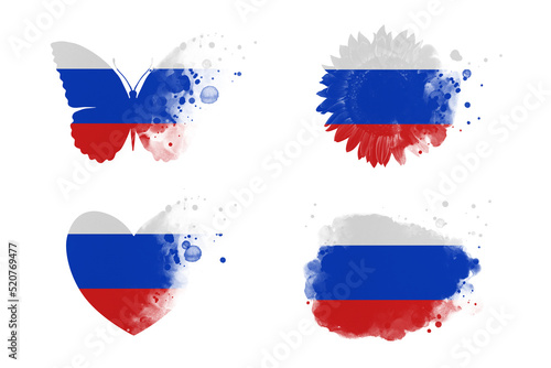 Sublimation backgrounds different forms on white background. Artistic shapes set in colors of national flag. Russia