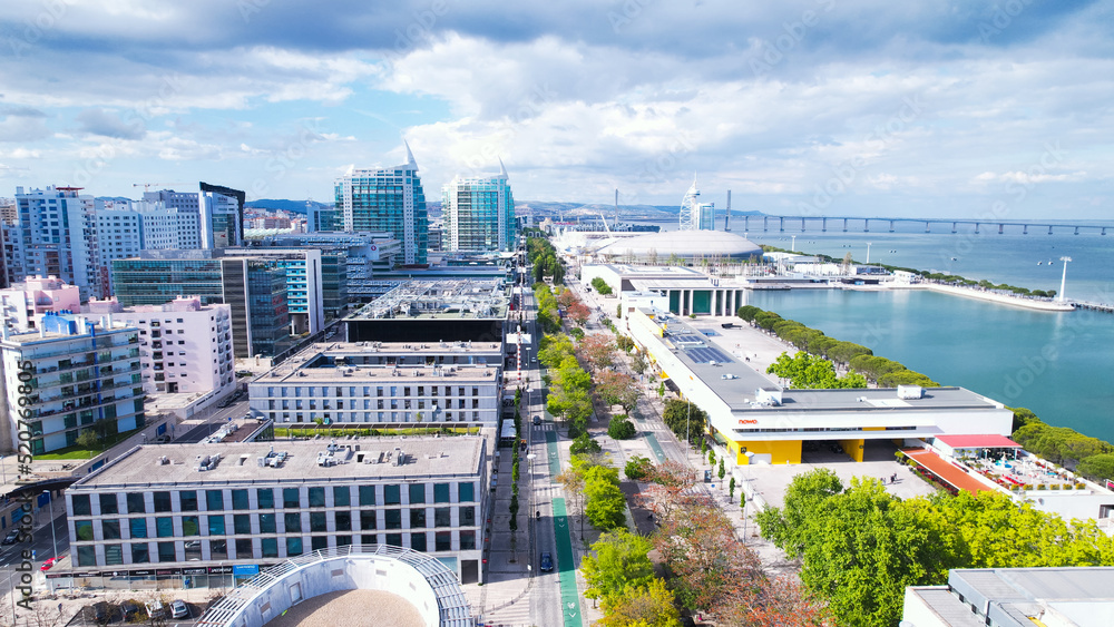 Lisbon, Portugal, April 24, 2022: The Parque das Nacoes (Park of Nations), is a neighborhood in Lisbon constructed for the 1998 Lisbon World Exposition.