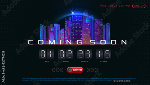 Opening text Coming soon on abstract dark background city silhouette with countdown timer. Design concept for sale, web, promotion announcement, template design, page under construction.