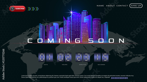 Opening text Coming soon on abstract dark background city silhouette with countdown timer. Design concept for sale, web, promotion announcement, template design, page under construction.