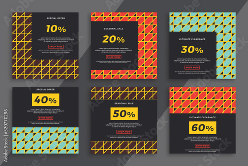 Trendy sale and discount promo backgrounds for social media mobile applications. Set of dark square advertising web banners with minimal geometric pattern. Simple vector editable background EPS 10