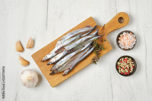Top view of resh raw frozen capelin photo