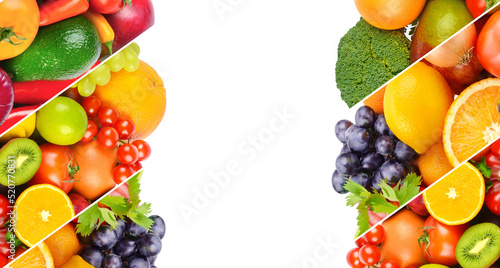 Different useful fruits and vegetables isolated on white . Collage. Free space for text.