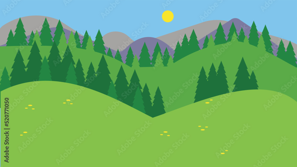 Obraz premium Mountains and pine trees on a sunny day