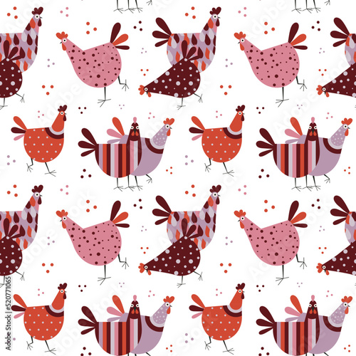 Funny Cartoons Chicken and Hens Seamless Pattern