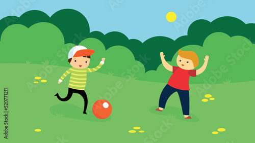 Two boys playing with a ball on the lawn