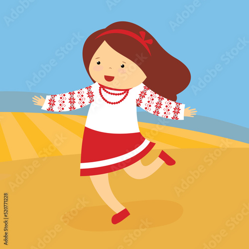 A girl in Ukrainian vyshyvanka is dancing