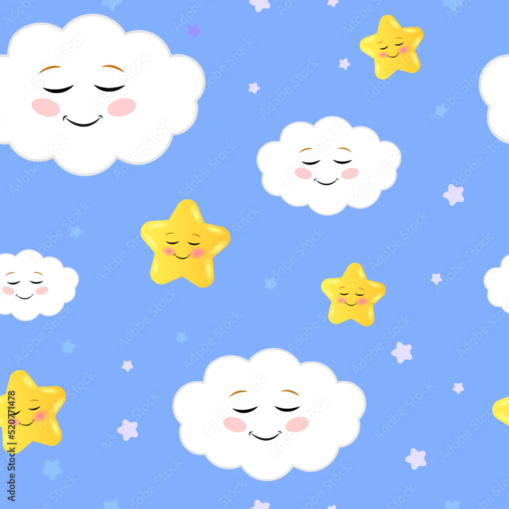 Smiling sleeping clouds and stars vector pattern. Cute sky seamless background. Hand drawn illustration for babies, kids. Smiling sleeping clouds and stars vector pattern. Cute sky seamless background. Hand drawn illustration for babies, kids.