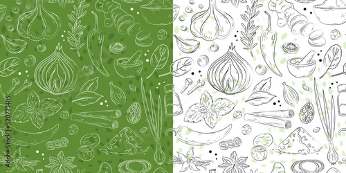 Spices and herbs seamless pattern. Vector kitchen spices with vanilla, anise, ginger, cinnamon, curry, basil, garlic, pepper, rosemary. Popular indian spices in cartoon style for menu, print, web