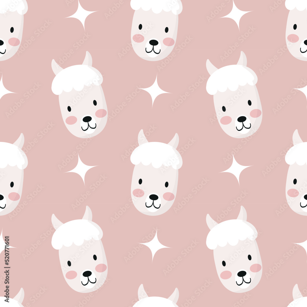 Cute lama seamless pattern, animal muzzle, alpaca head. Cartoon vector illustration. Kid texture, background, wallpapers, ornament. Childish design of wrapping paper, fabric, textile, graphic, print