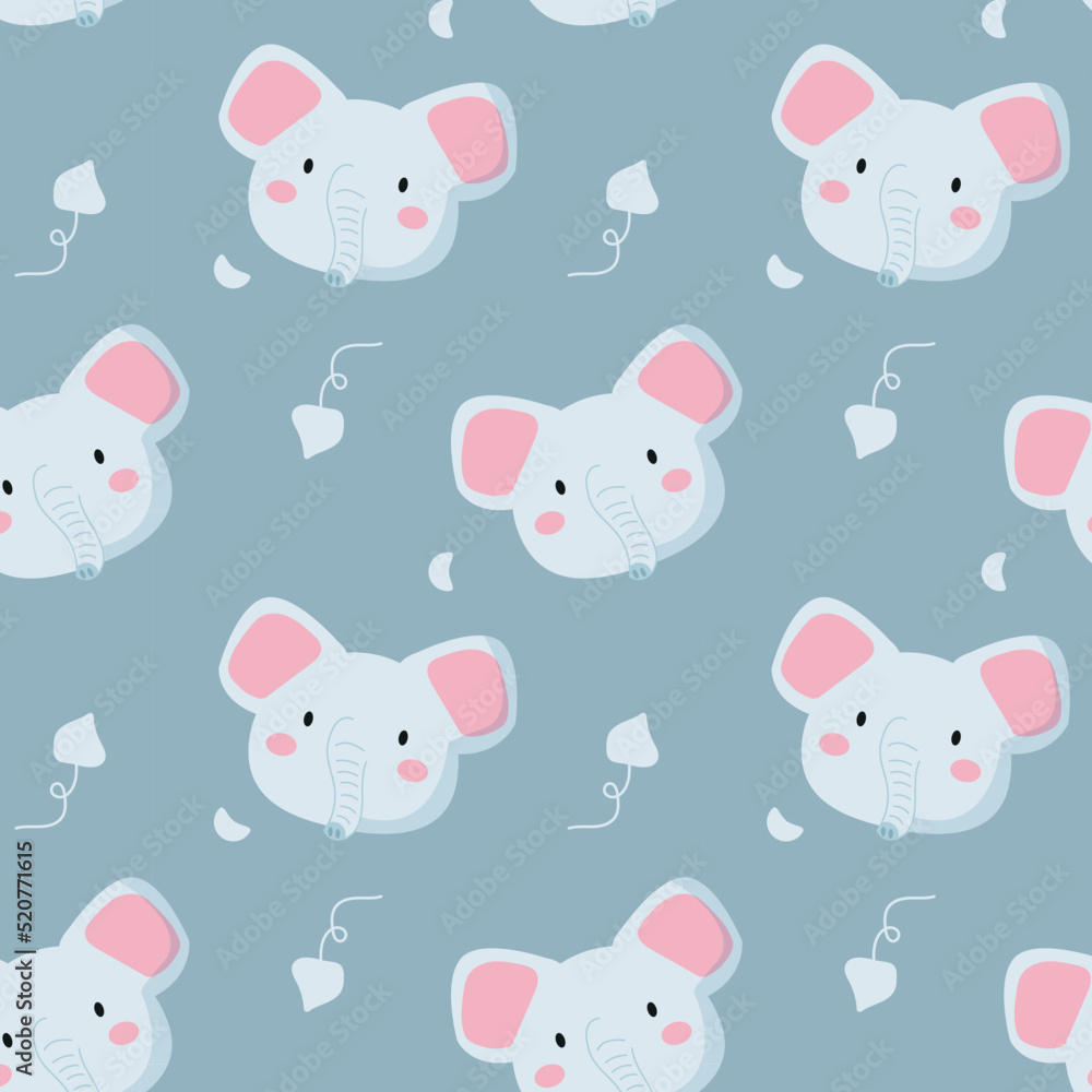 Cute elephant seamless pattern, animal muzzle, head. Cartoon vector illustration. Kid texture, background, wallpapers, ornament. Childish design of wrapping paper, fabric, textile, graphic, print