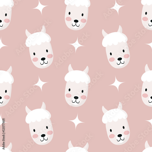 Cute lama seamless pattern, animal muzzle, alpaca head. Cartoon vector illustration. Kid texture, background, wallpapers, ornament. Childish design of wrapping paper, fabric, textile, graphic, print