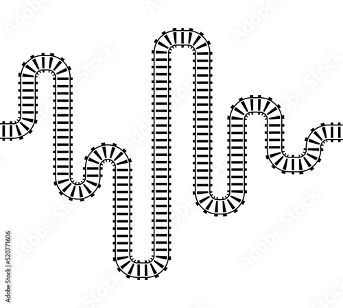 Vector illustration of curved railroad isolated on white background. Straight and curved railway train track. Top view railroad train path. 