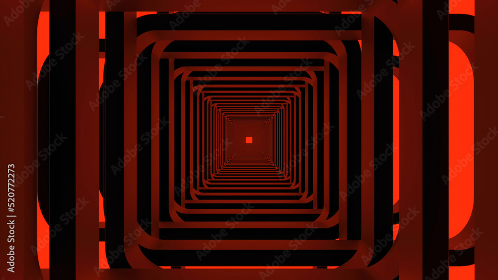 Fototapeta premium Movement through square 3d tunnel. Design. 3D lines in square tunnel with colored background. Looped traffic through square tunnel