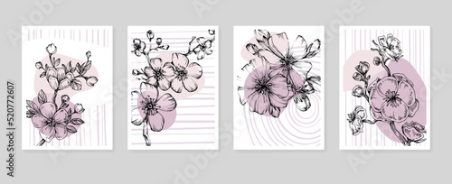 Sakura Abstract Hand Painted Illustrations for Wall Decoration, Postcard, Social Media Banner, Brochure Cover Design Background. Modern Abstract Painting Artwork. Vector Pattern
