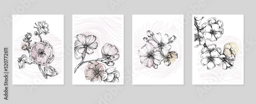 Sakura Abstract Hand Painted Illustrations for Wall Decoration, Postcard, Social Media Banner, Brochure Cover Design Background. Modern Abstract Painting Artwork. Vector Pattern