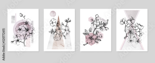 Sakura Abstract Hand Painted Illustrations for Wall Decoration, Postcard, Social Media Banner, Brochure Cover Design Background. Modern Abstract Painting Artwork. Vector Pattern