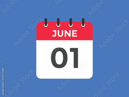 june 1 calendar reminder. 1st june daily calendar icon template. Vector illustration 
