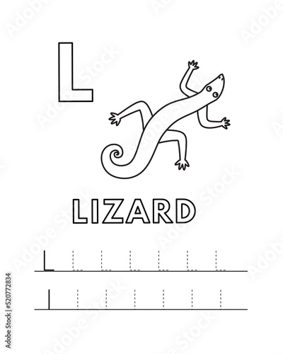 Alphabet with cute cartoon animals isolated on white background. Coloring pages for children education. Vector illustration of lizard and tracing practice worksheet letter L