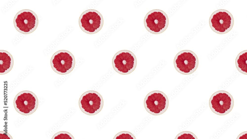 Minimal motion design - Grapefruit slices rotating and moving down white color background. Trendy colors and style graphics. Seamless looping animation. Minimal motion design - Grapefruit slices rotating and moving down white color background. Trendy colors and style graphics. Seamless looping animation.
