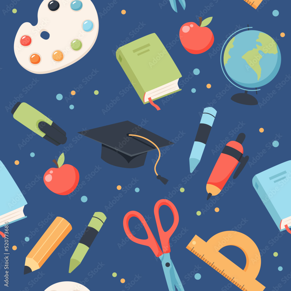 School seamless pattern. Supplies and equipment for learning. Cute vector illustration in flat cartoon style