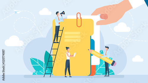 Folder with colored flaps. Office manager folders. Office manager folders for web design. Tiny characters pack documents. Work with data. Cloud technologies. Folder sharing. Flat vector illustration