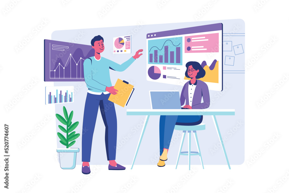 Data science concept with people scene for web. Woman ad man working with data on dashboards, explores statistics on graphs and charts and making report. Vector illustration in flat perspective design